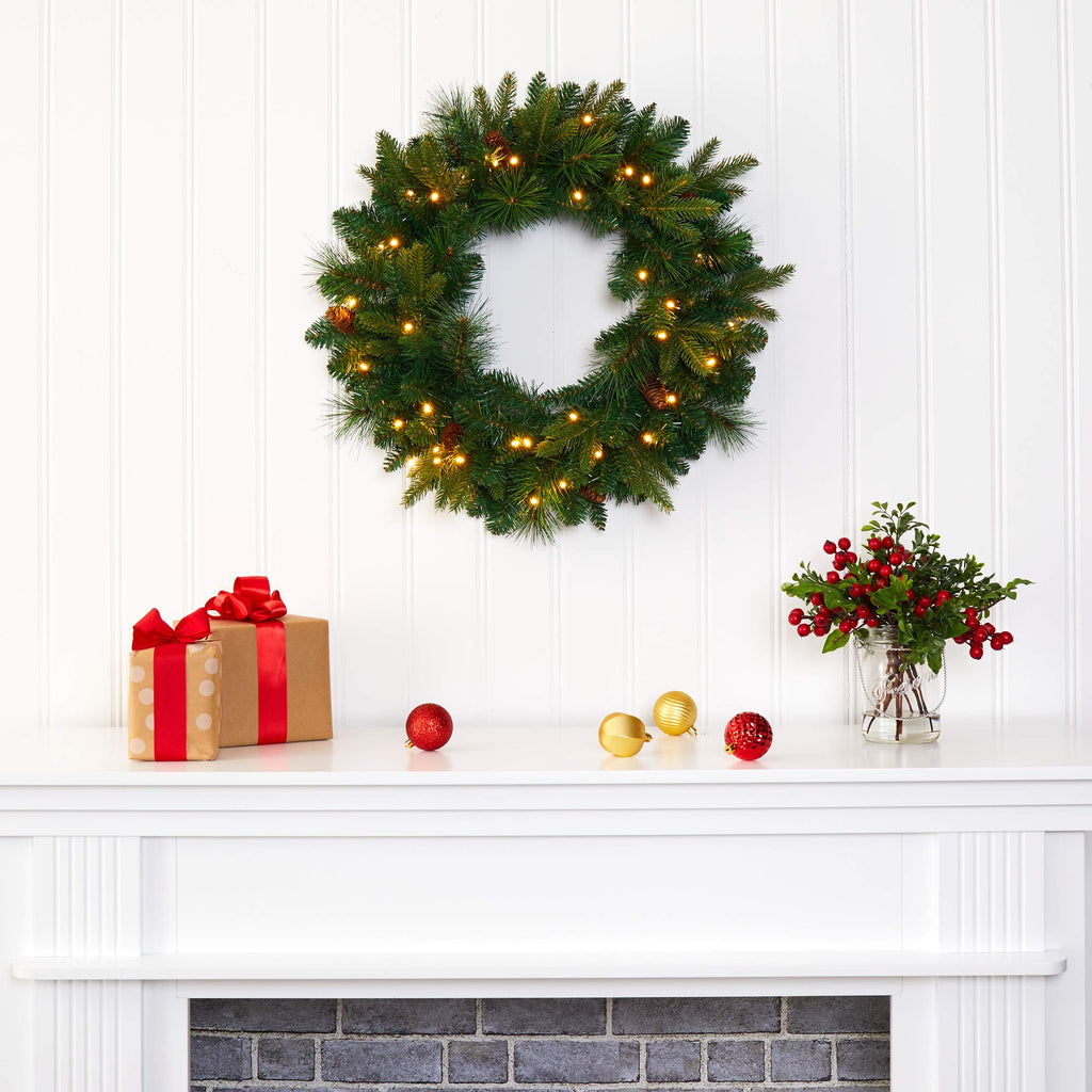 Nearly Natural 24in. Mixed Pine Artificial Christmas Wreath with 35 Clear LED