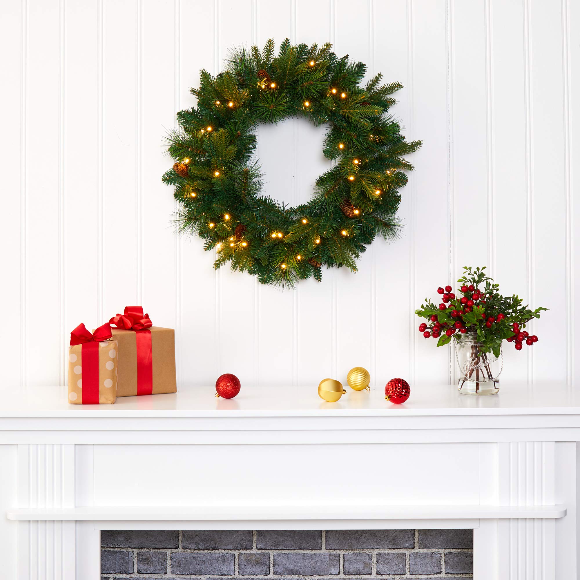Nearly Natural 24in. Mixed Pine Artificial Christmas Wreath with 35 Clear LED