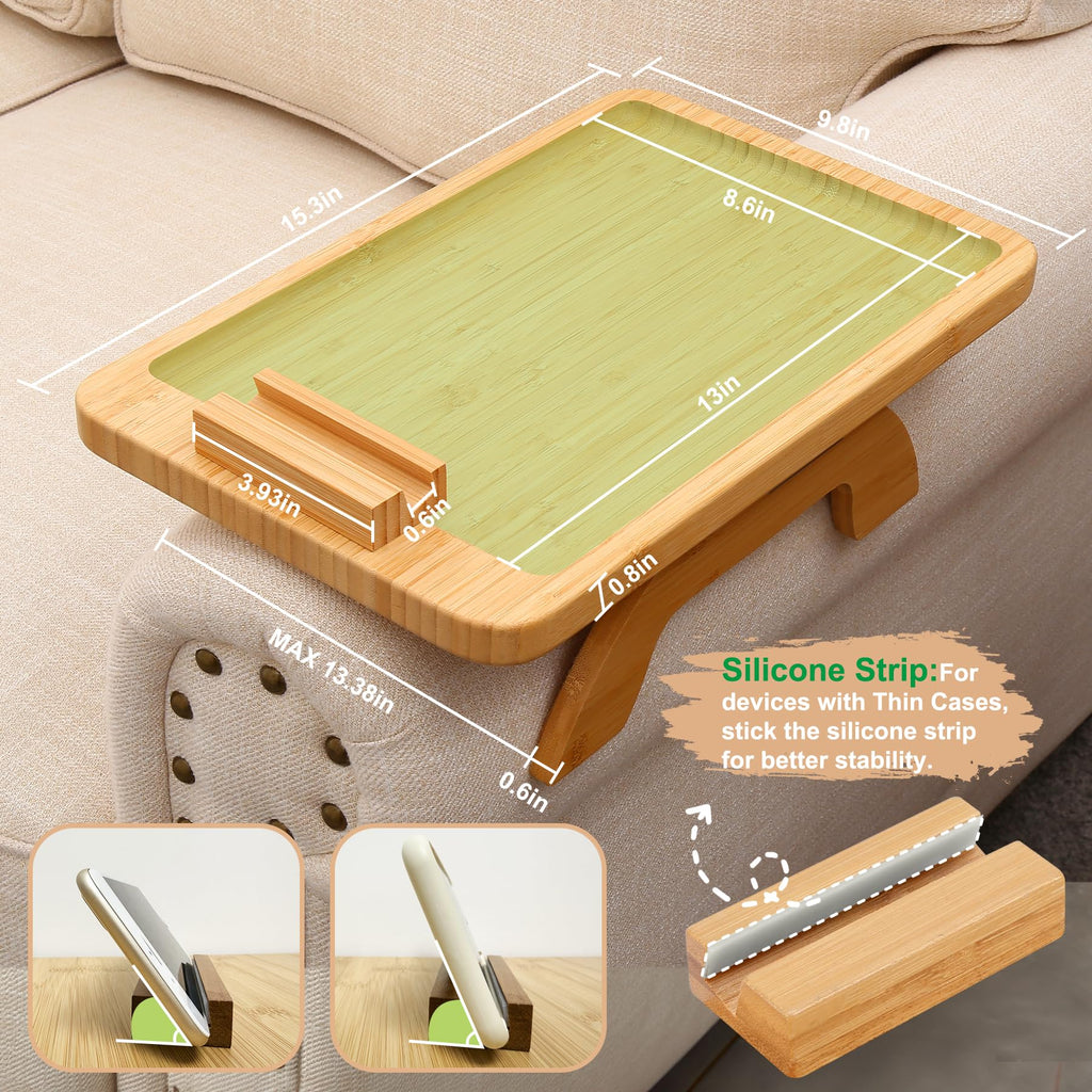 SINWANT Bamboo Couch Arm Tray Clip On Foldable Sofa Table with Phone Holder