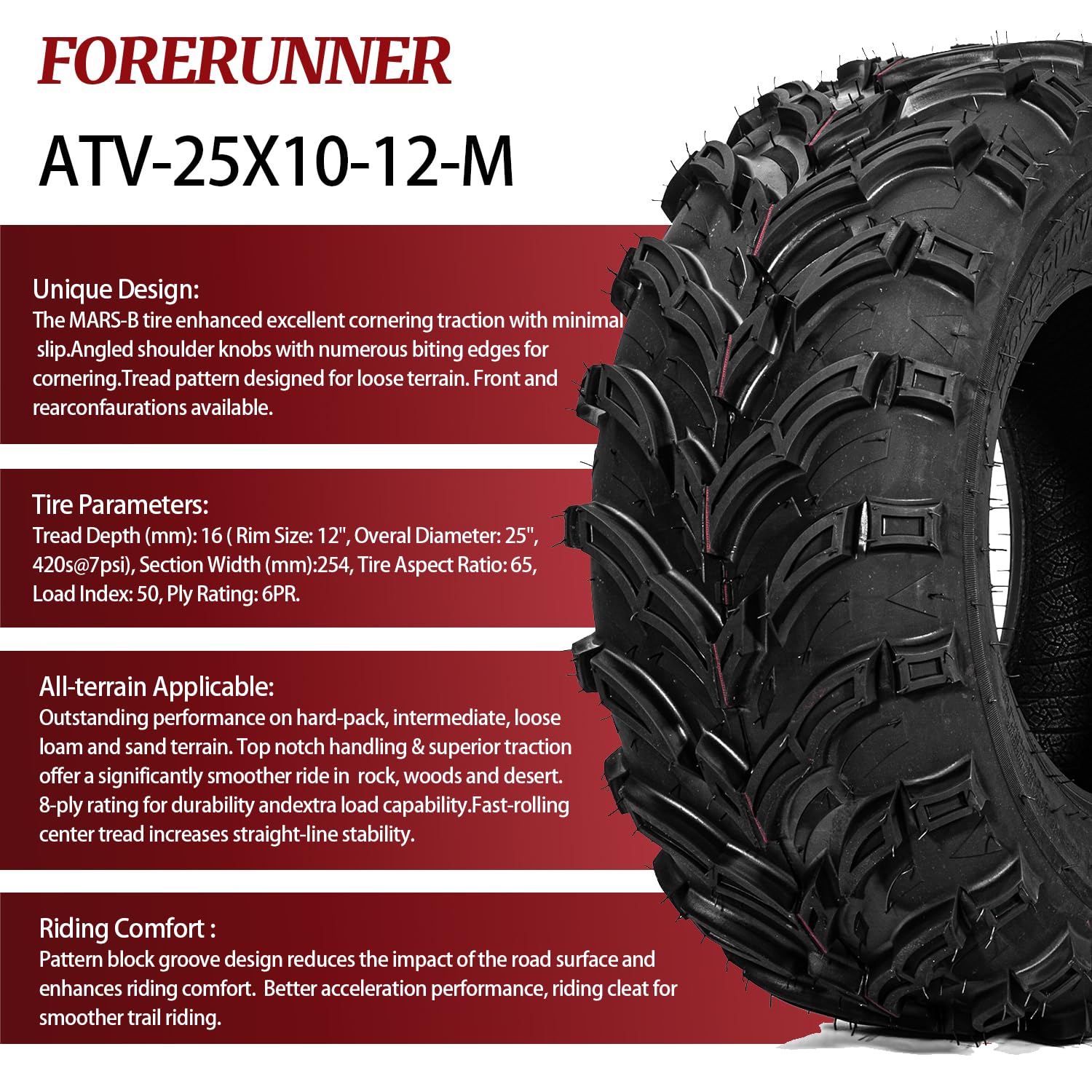 FORERUNNER 25x10-12 ATV Tires, MARS-B 6PR All Terrain 25x10x12 ATV UTV Trail