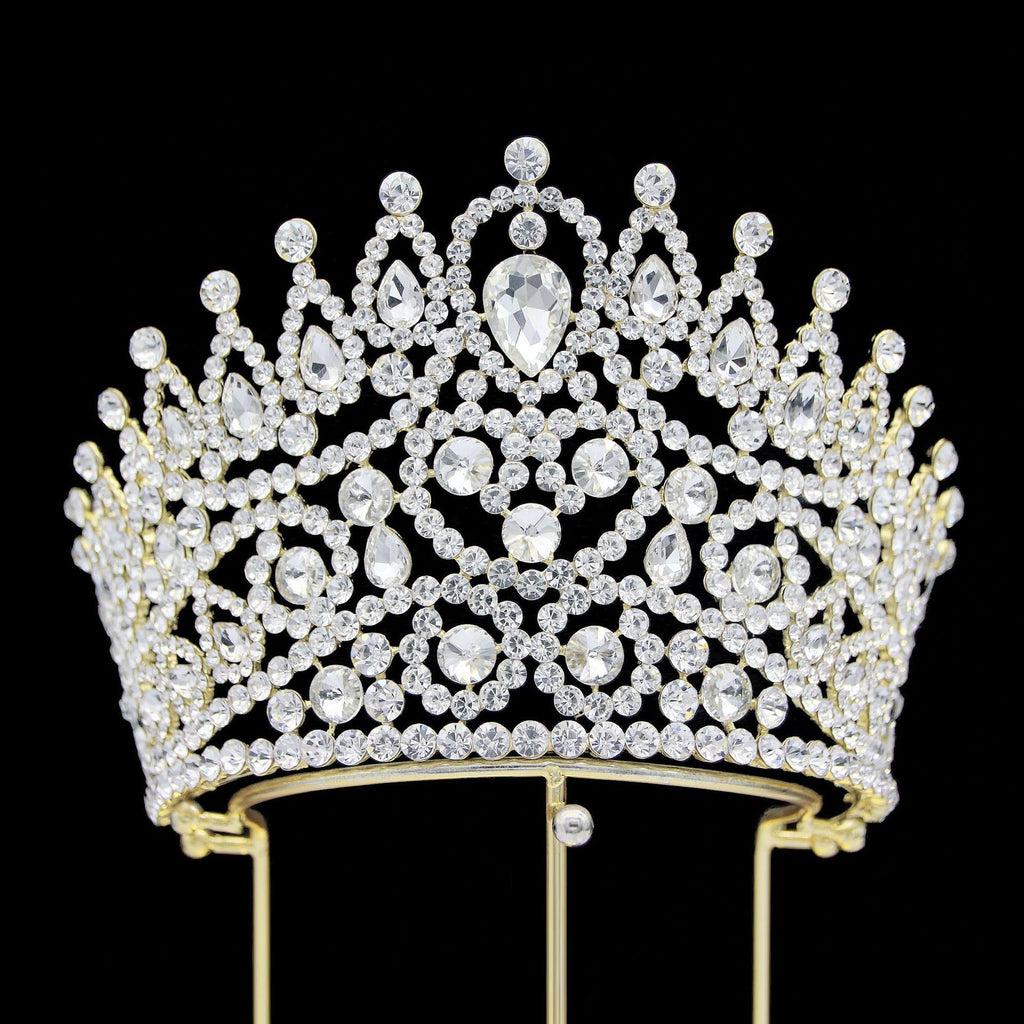 Large 5" Golden Rhinestone Crown Women Sparkly Quinceanera Pageant Tiara
