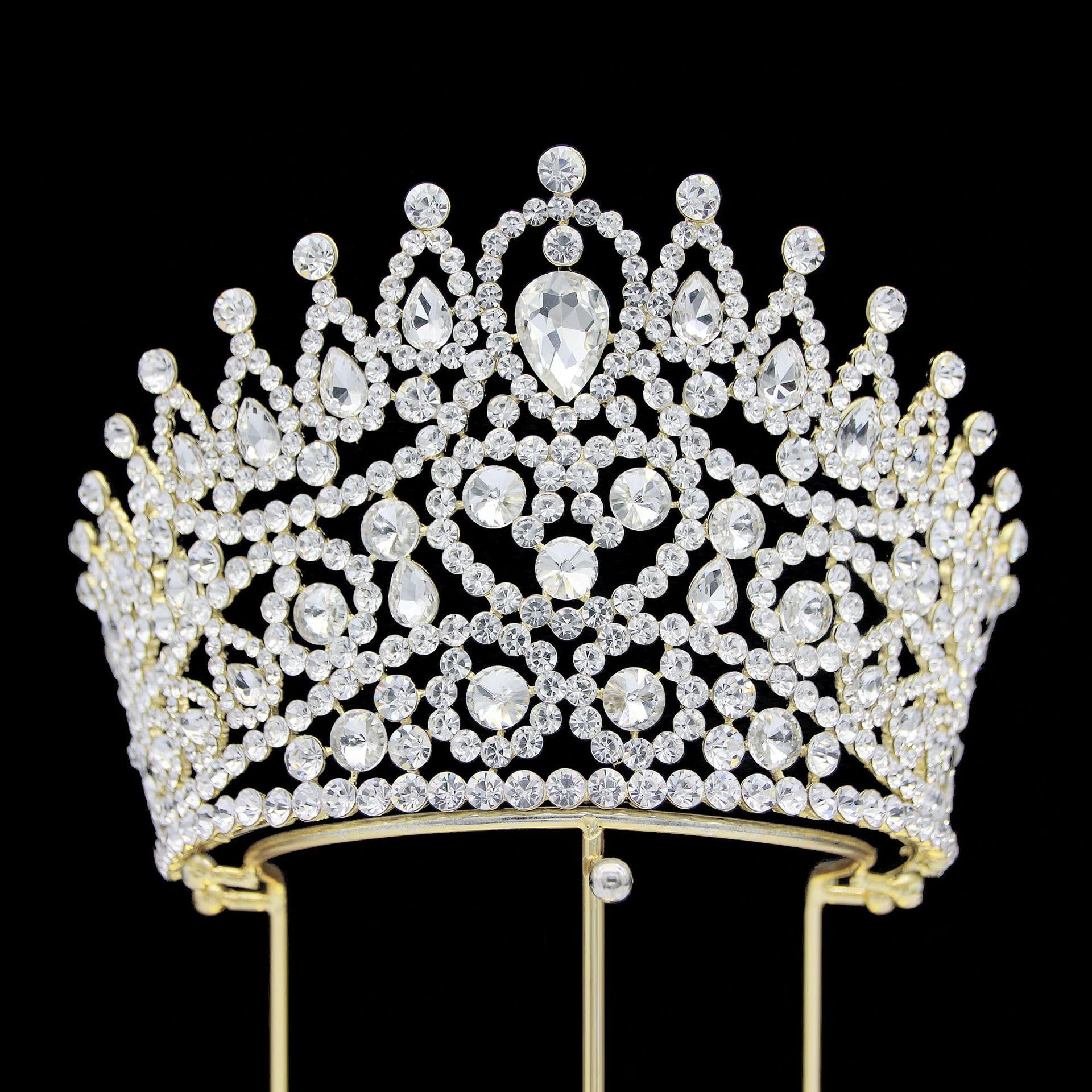 Large 5" Golden Rhinestone Crown Women Sparkly Quinceanera Pageant Tiara