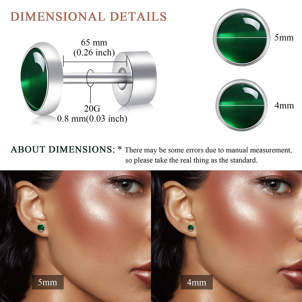 BLISI Green Onyx Pure Titanium Stud Earrings 5mm Natural Stone Women Earrings