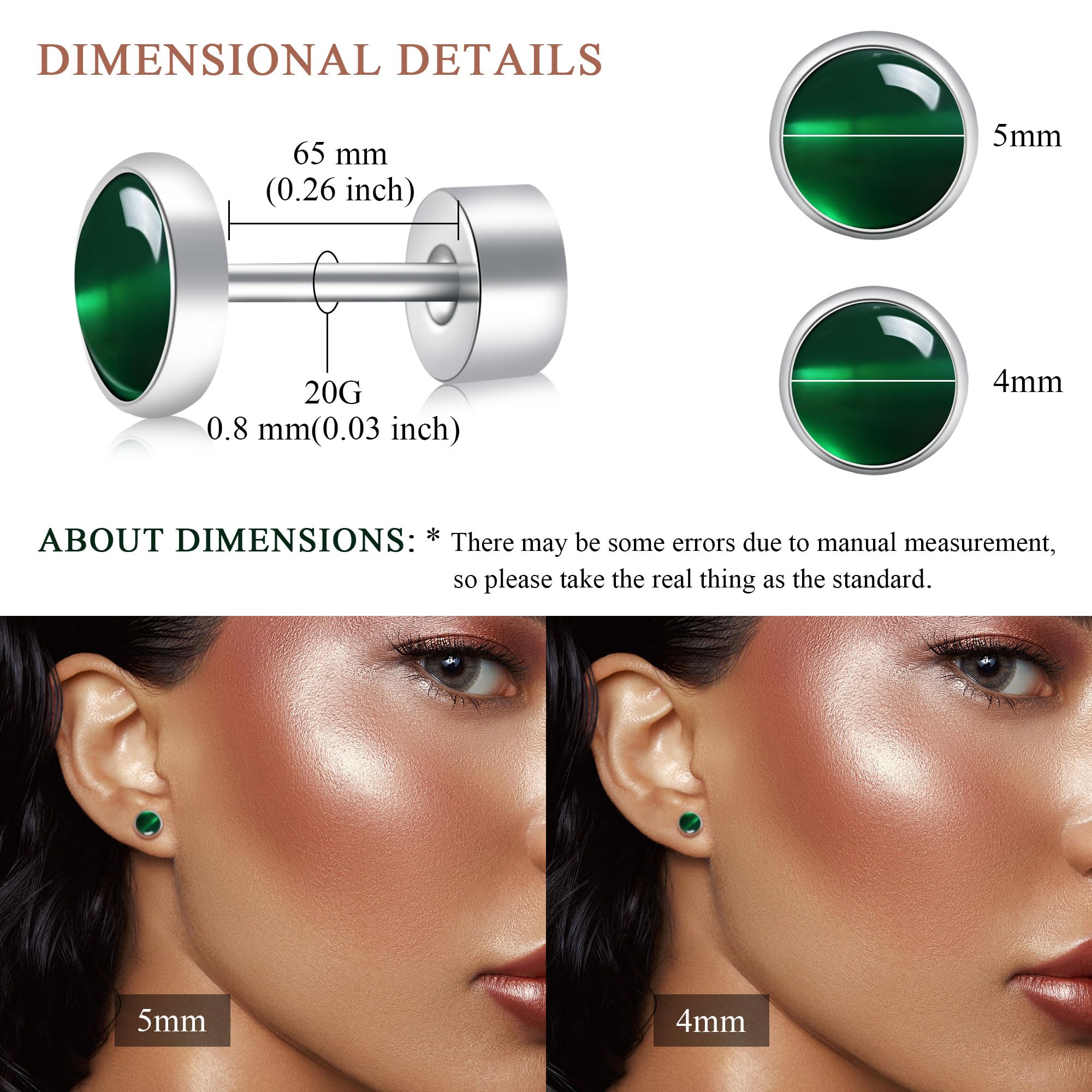 BLISI Green Onyx Pure Titanium Stud Earrings 5mm Natural Stone Women Earrings