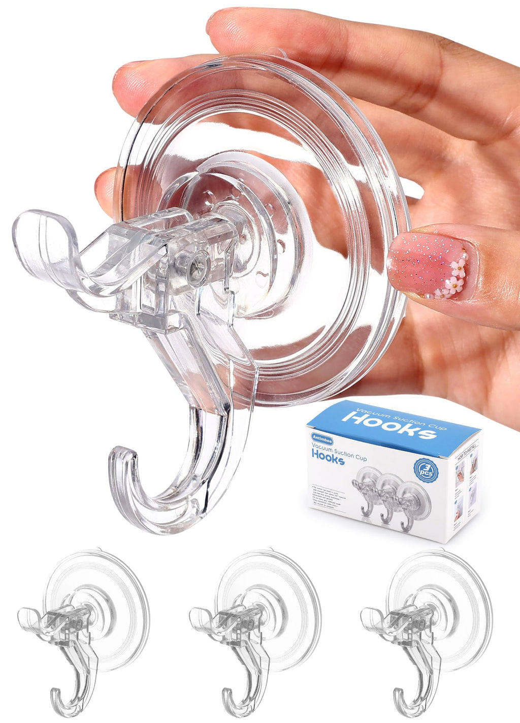 Antimbee 3 Pack Suction Cup Hooks, Clear Suction Cup Hanger, Removable Small