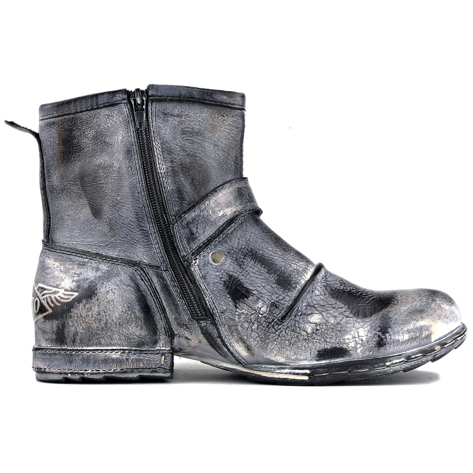 OSSTONE Men Moto Boots Zipper Leather Chukka Casual Distressed Black US8.5