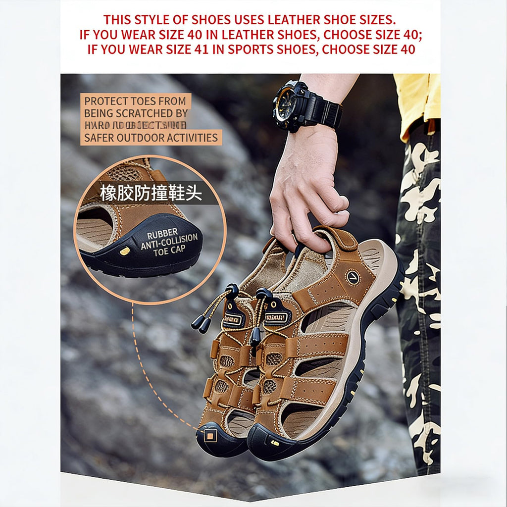XENTORD Men's Genuine Leather Sport Sandals Comfort Platform Non-Slip Hiking Sandals with Arch Support Lightweight Closed Toe Outdoor Trail Water Shoes (Gray,8)
