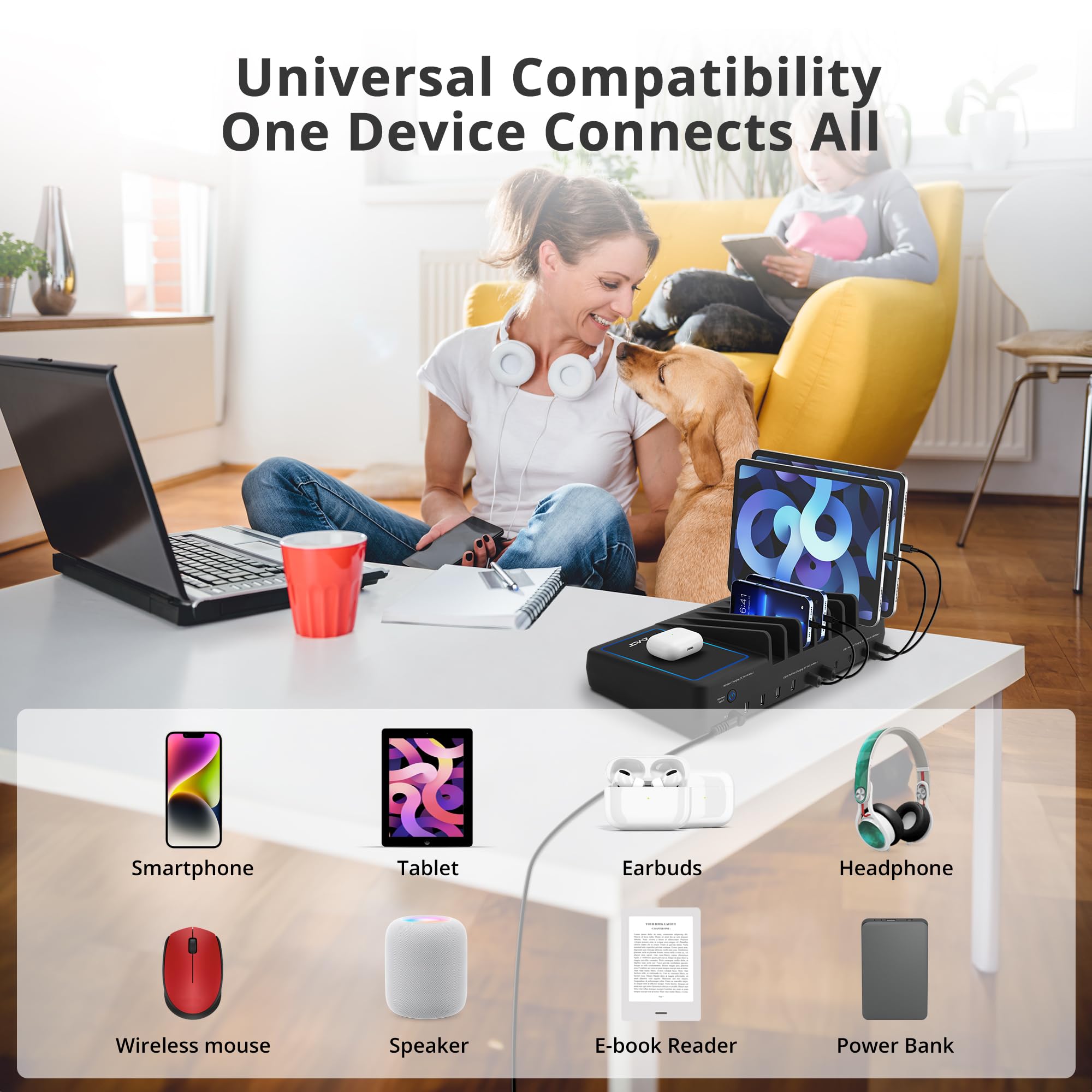 AVLT 150W 10 Port USB Charging Station Qi Wireless Charger Organizer Black