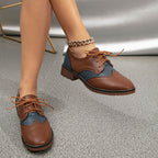Fashion Women Oxford Shoes Block Heel Lace Up Derby Casual Brogue Shoes Brown