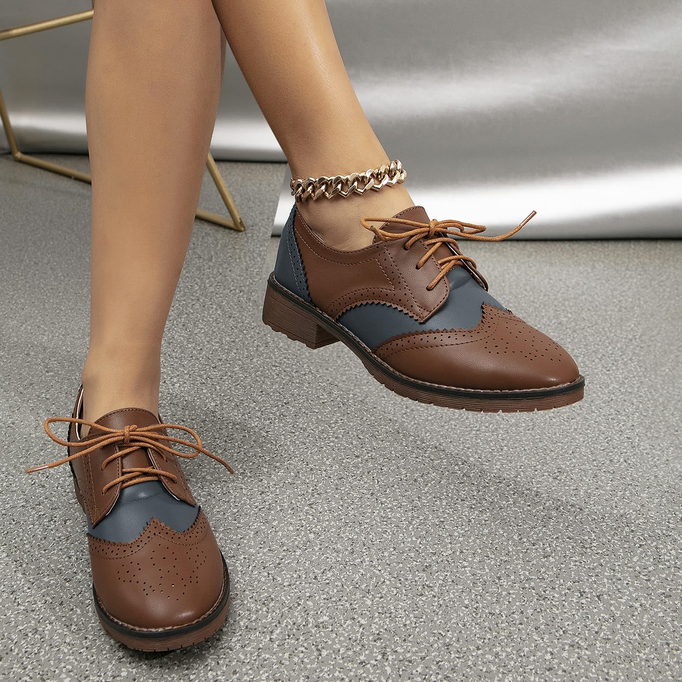 Fashion Women Oxford Shoes Block Heel Lace Up Derby Casual Brogue Shoes Brown