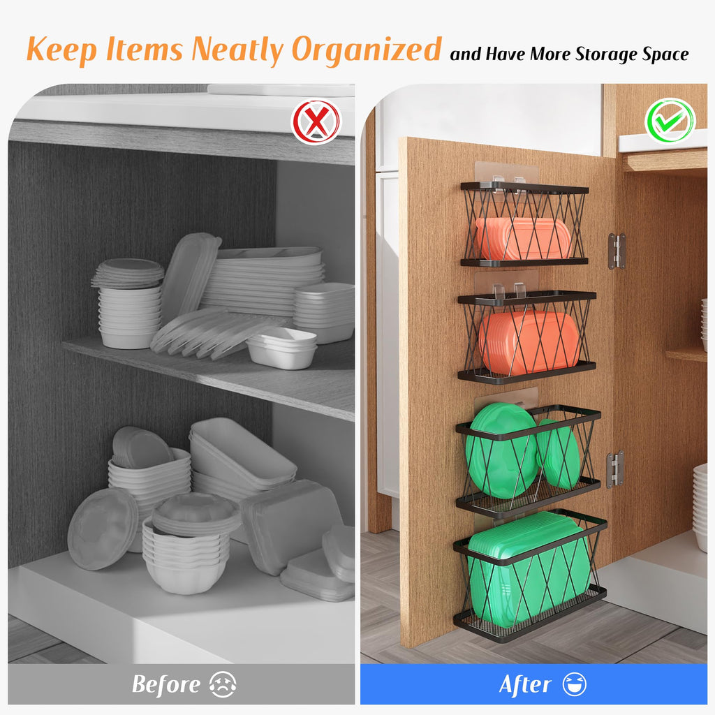BasicForm 4 Pack Metal Kitchen Inside Cabinet Door Organizer, Adhesive Lid