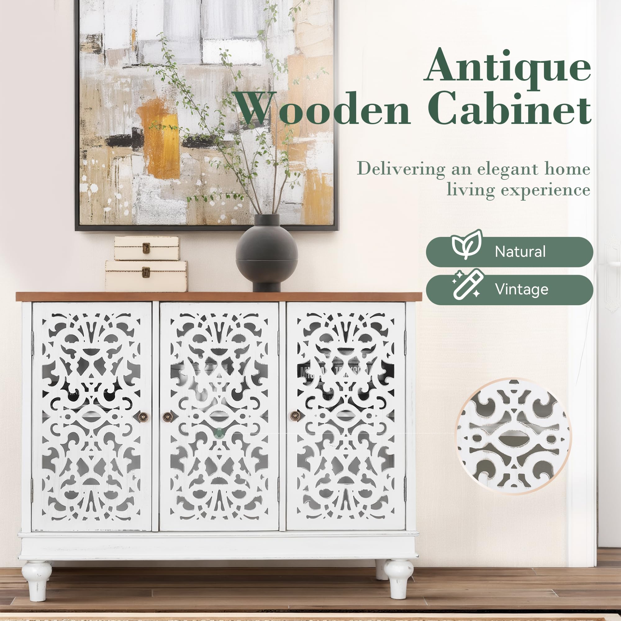 Sophia & William Sideboard and Buffet with Storage Cabinet 3-Door Hollow-Carved