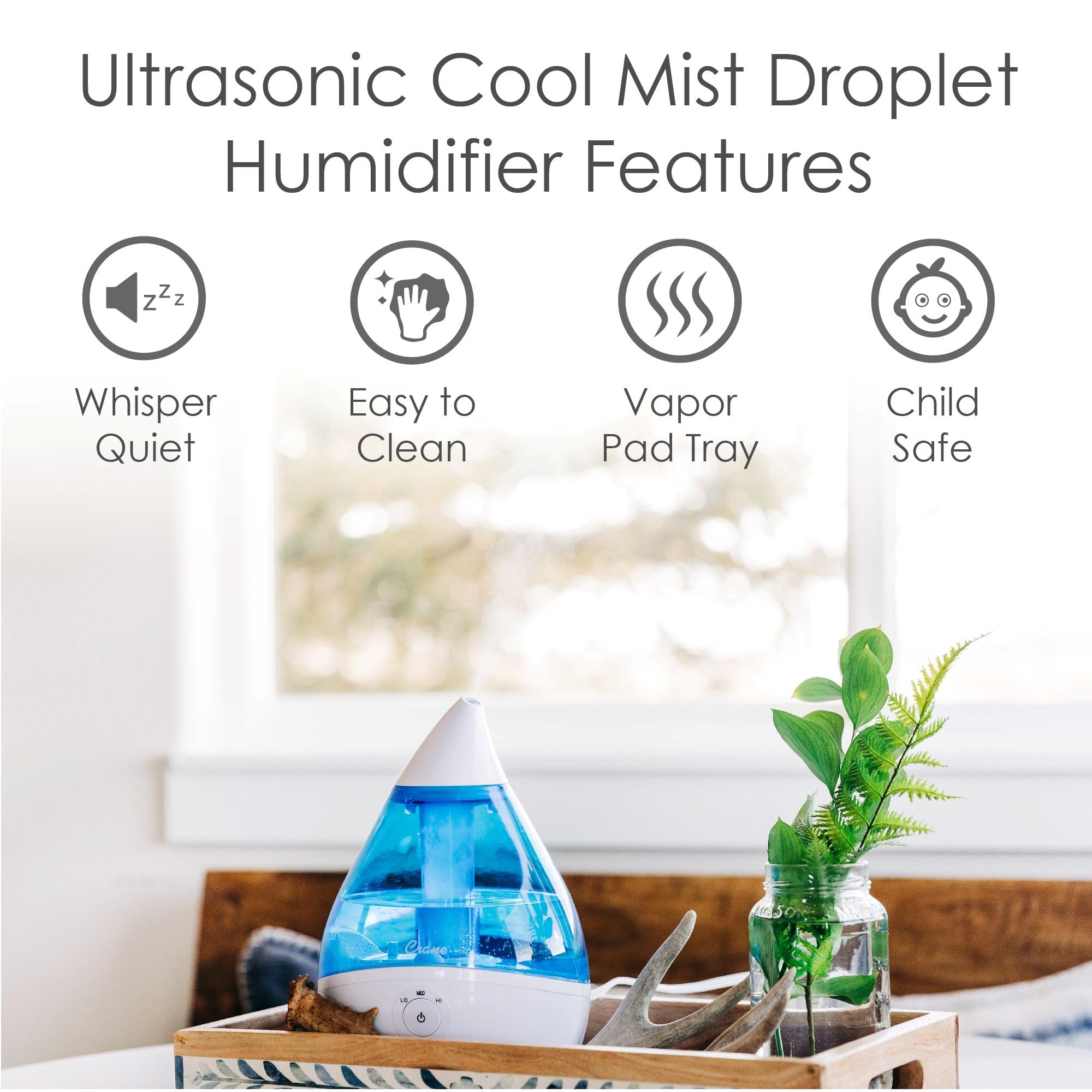Crane Droplet Ultrasonic Small Air Humidifiers for Bedroom and Office, 0.5