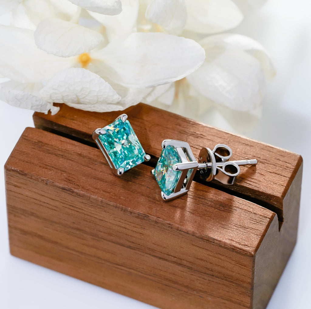 GIGAJEWE Blue Green Color Moissanite Stud Earrings Radiant Cut Moissanite