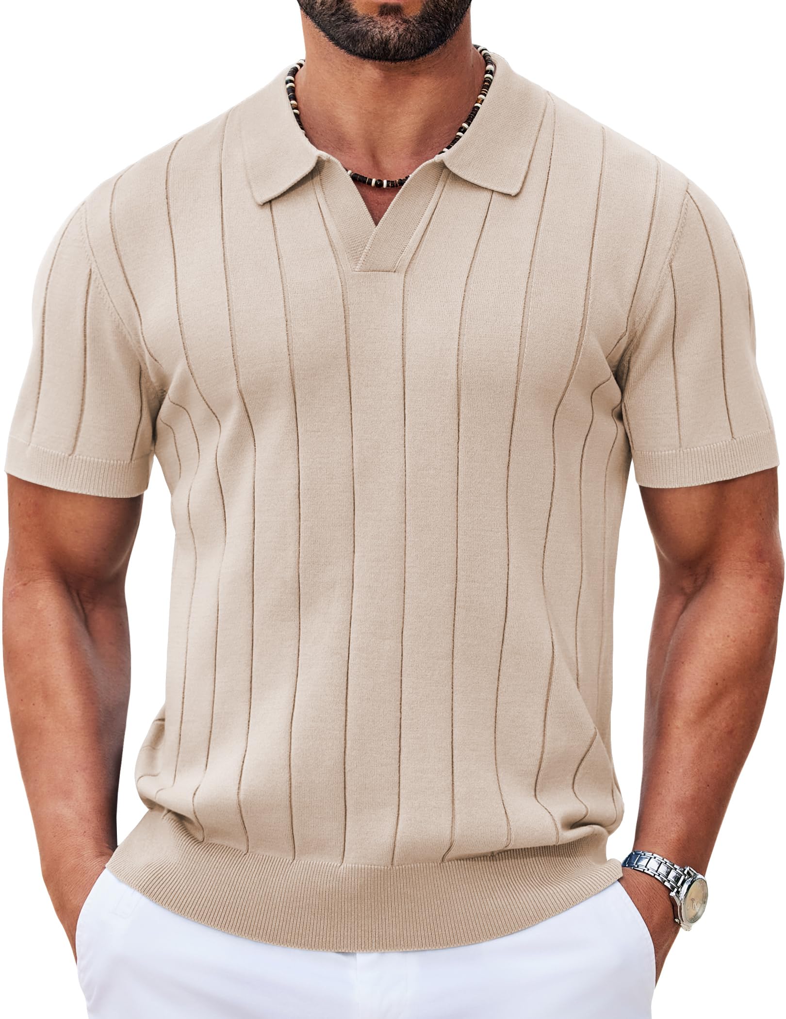 COOFANDY Mens Knit Polo Shirt Short Sleeve V Neck Casual Golf Shirt