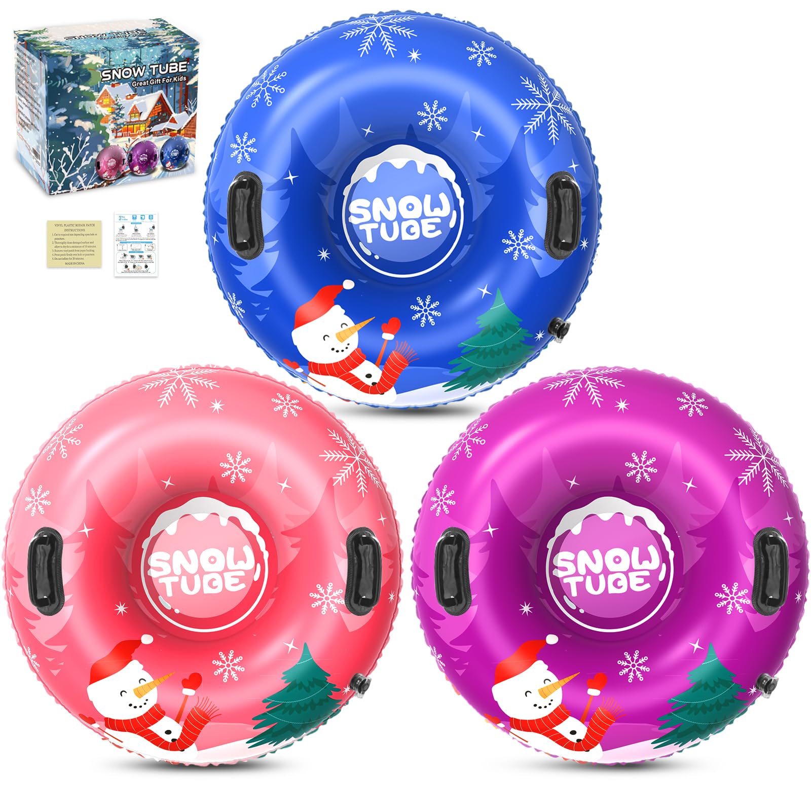 Menmek 36 Inch Snow Tube 3-4 Pack Inflatable Snow Sled Durable PVC Heavy Duty