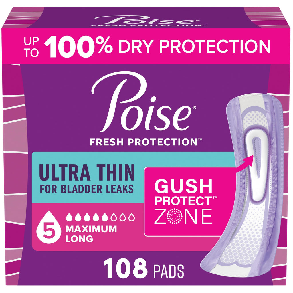 108 Count Poise Ultra Thin Incontinence Pads 5 Drop Long for Women