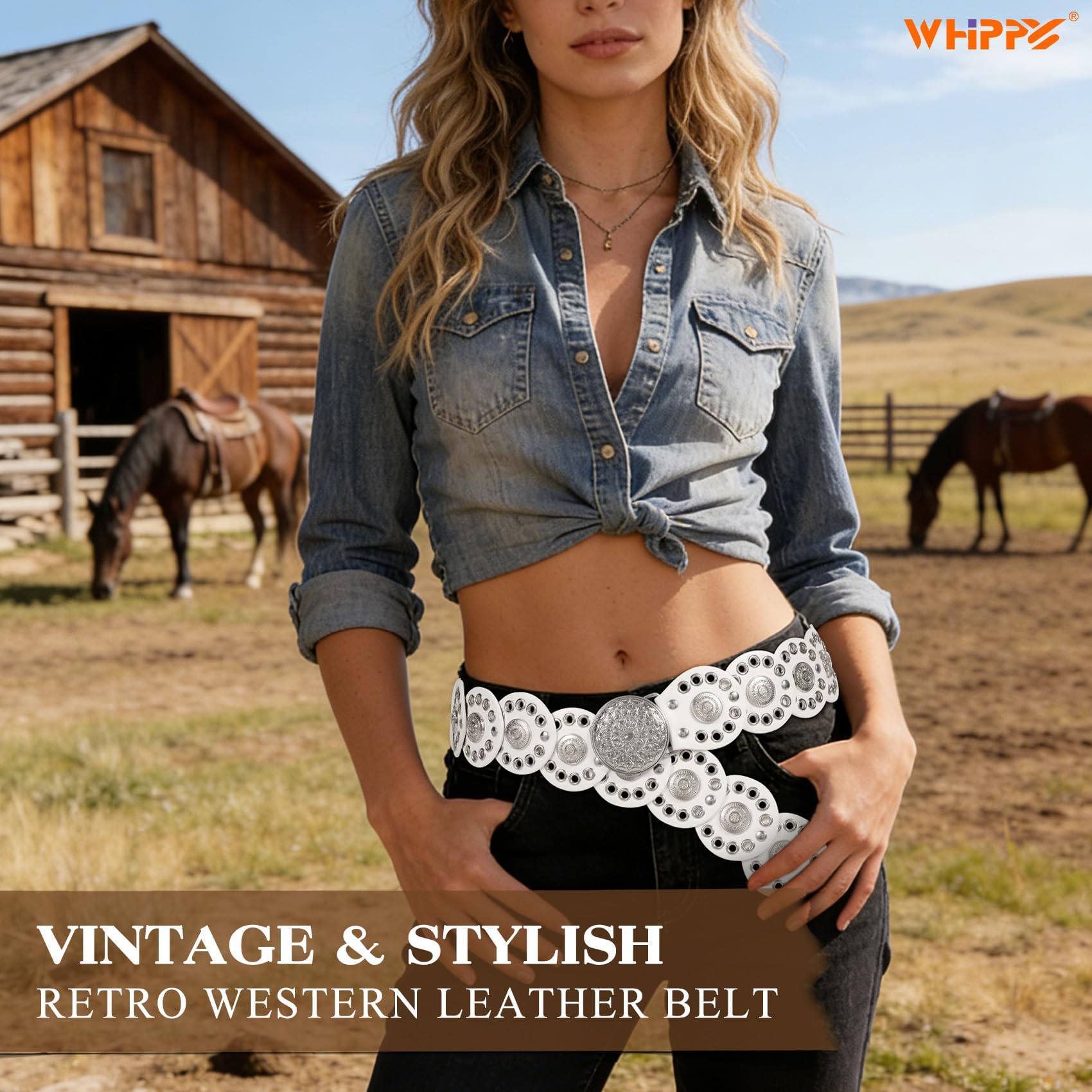 WHIPPY Western Belts for Women Vintage Disc Waist Belts Concho Leather Belts