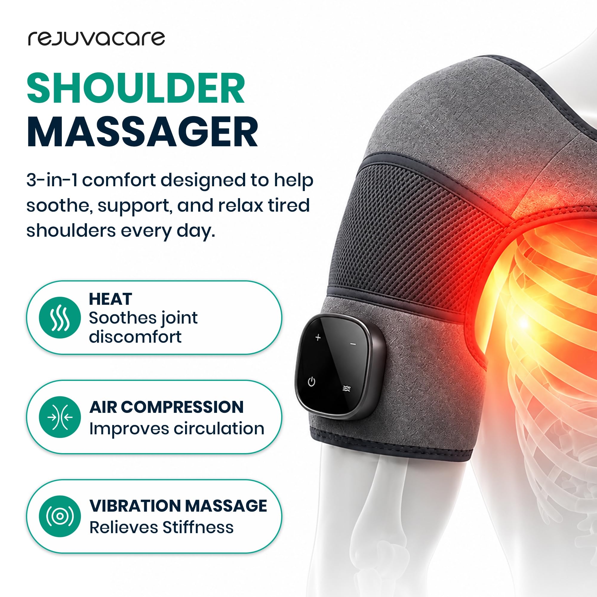 Rejuvacare Shoulder Massager Upgraded 2026 with Heat & Compression, Cordless