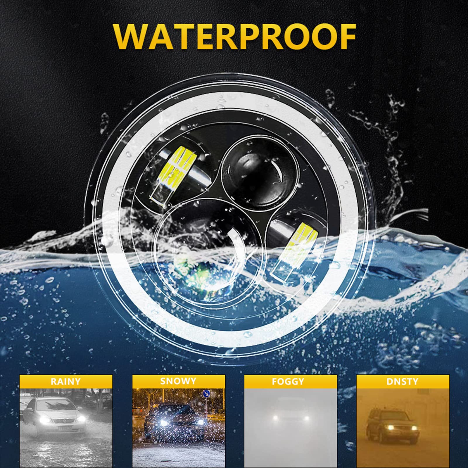 Shkalacar 7inch LED Headlight H4 140W Angel Eyes Round 4 Modes 14000LM 6000K