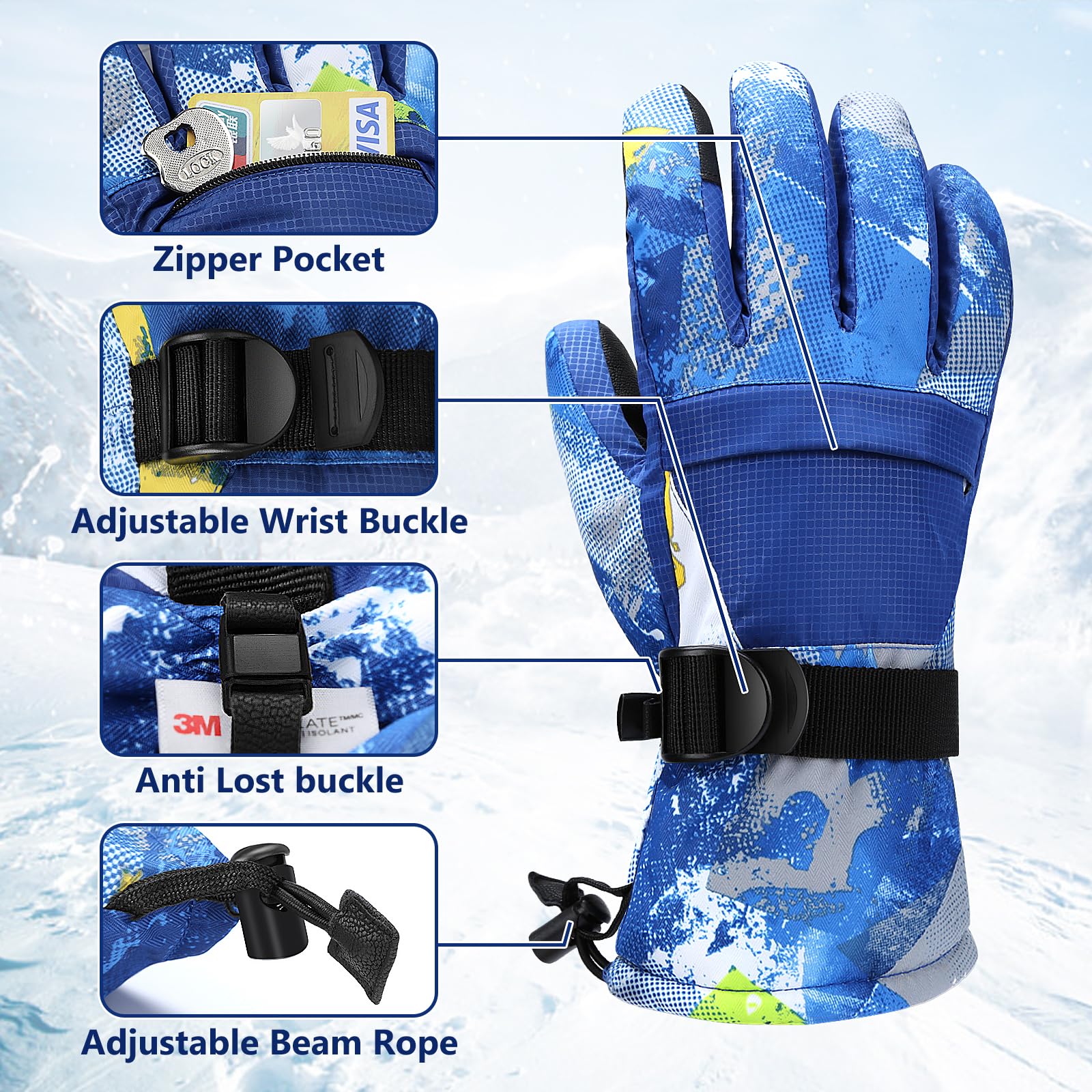 Odtmger Ski Gloves Waterproof Warm Snow Gloves Men Women Kids Winter Outdoor