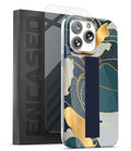 ENCASED iPhone 14 Pro Max Finger Strap Case Screen Protector Blue Gold Leaf