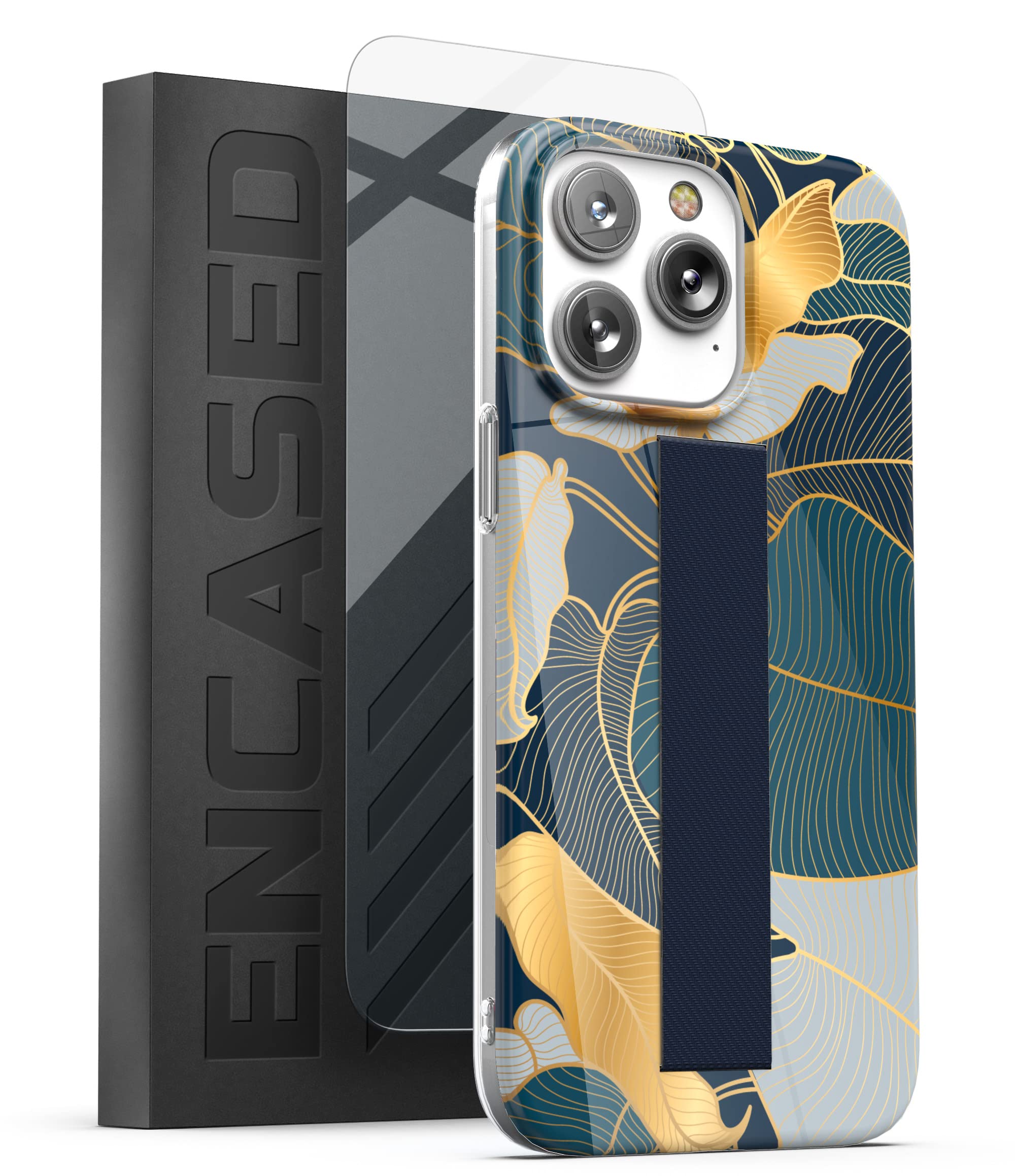 ENCASED iPhone 14 Pro Max Finger Strap Case Screen Protector Blue Gold Leaf