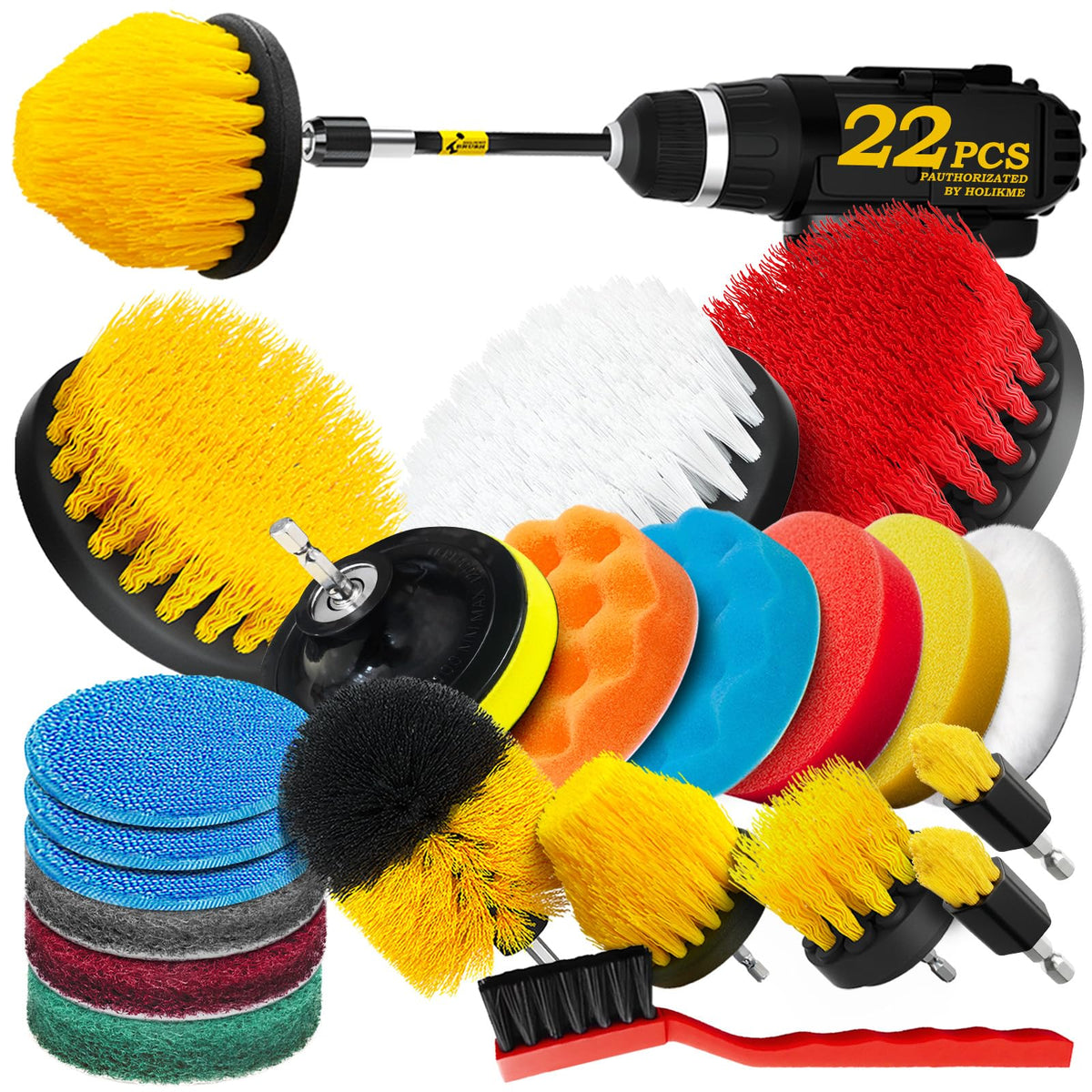 Holikme 22Pack Drill Brush Attachments Set,Scrub Pads & Sponge, Buffing