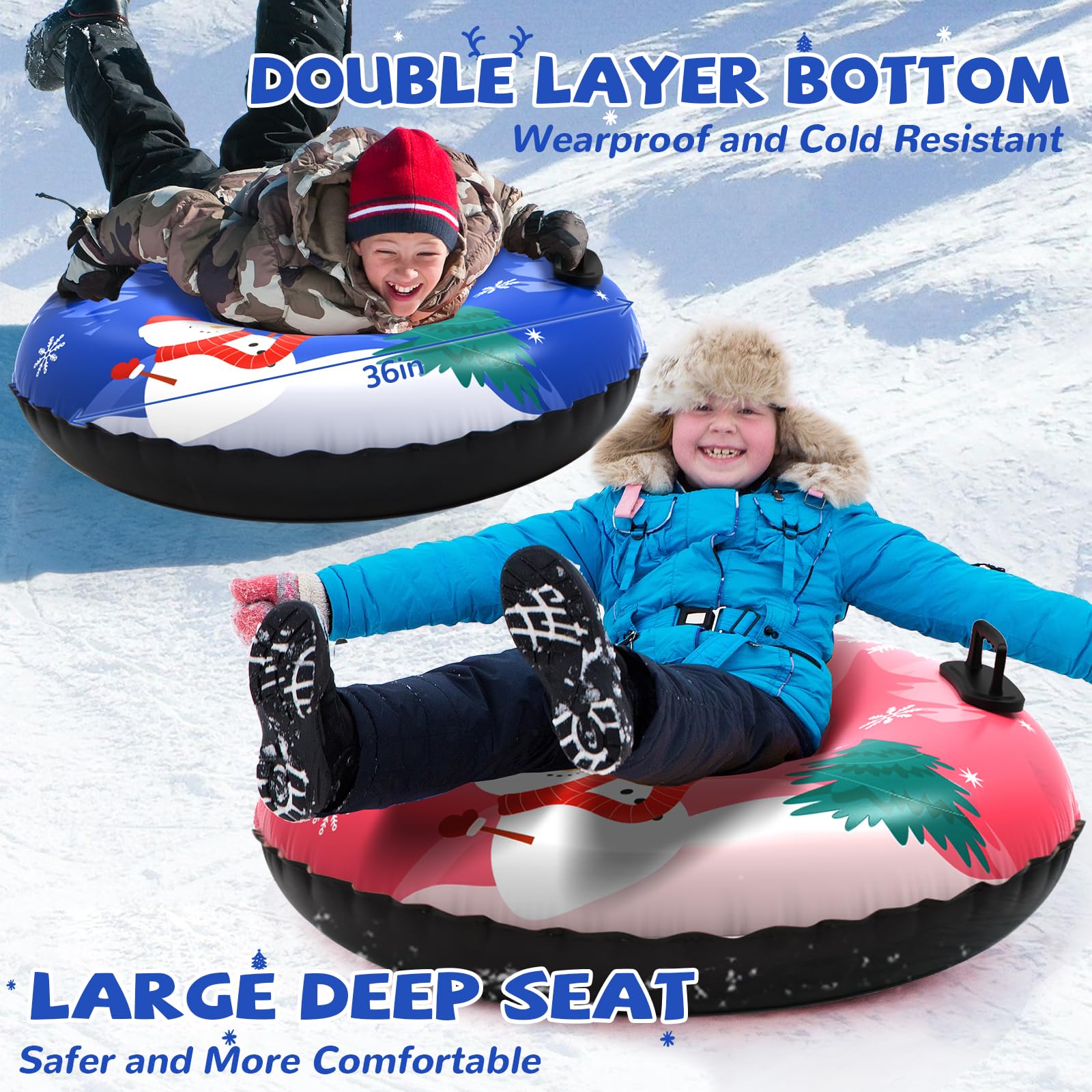 Menmek 36 Inch Snow Tube 3-4 Pack Inflatable Snow Sled Durable PVC Heavy Duty