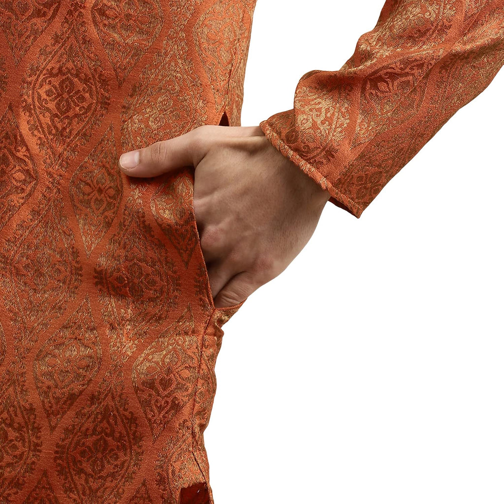 Sojanya (Since 1958 Men'S Jacquard Silk Orange & Gold Kurta & Off-White Churidar