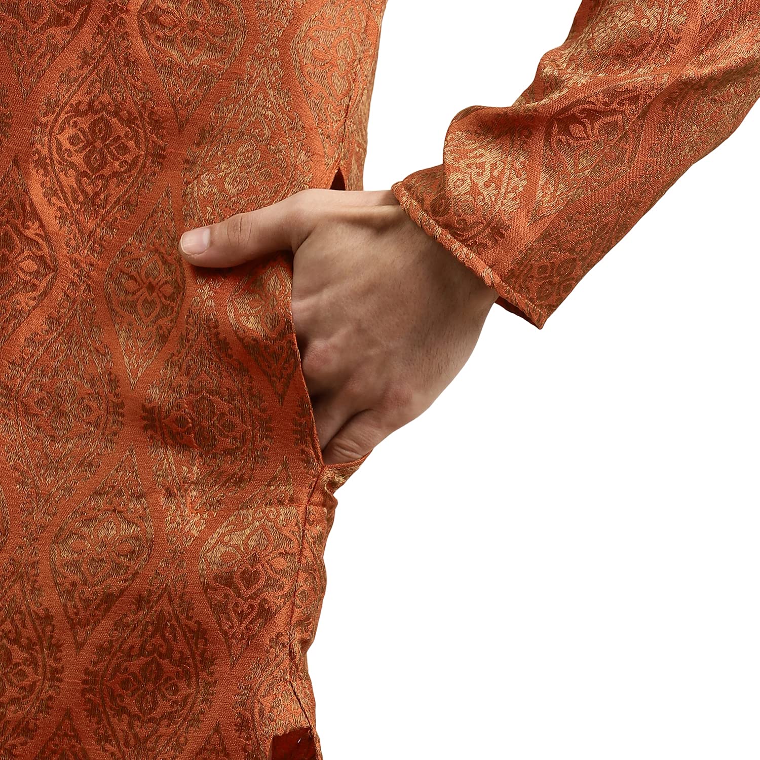 Sojanya (Since 1958 Men'S Jacquard Silk Orange & Gold Kurta & Off-White Churidar