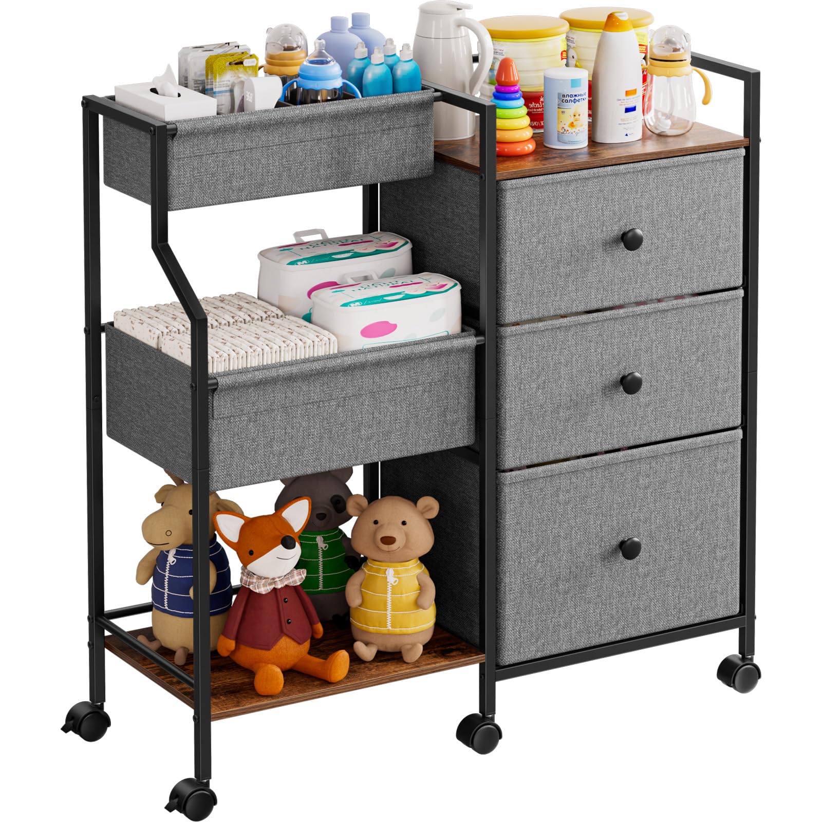 Modanais Baby Diaper Caddy Organizer Cart - 3 Tier Rolling Cart with Dividers