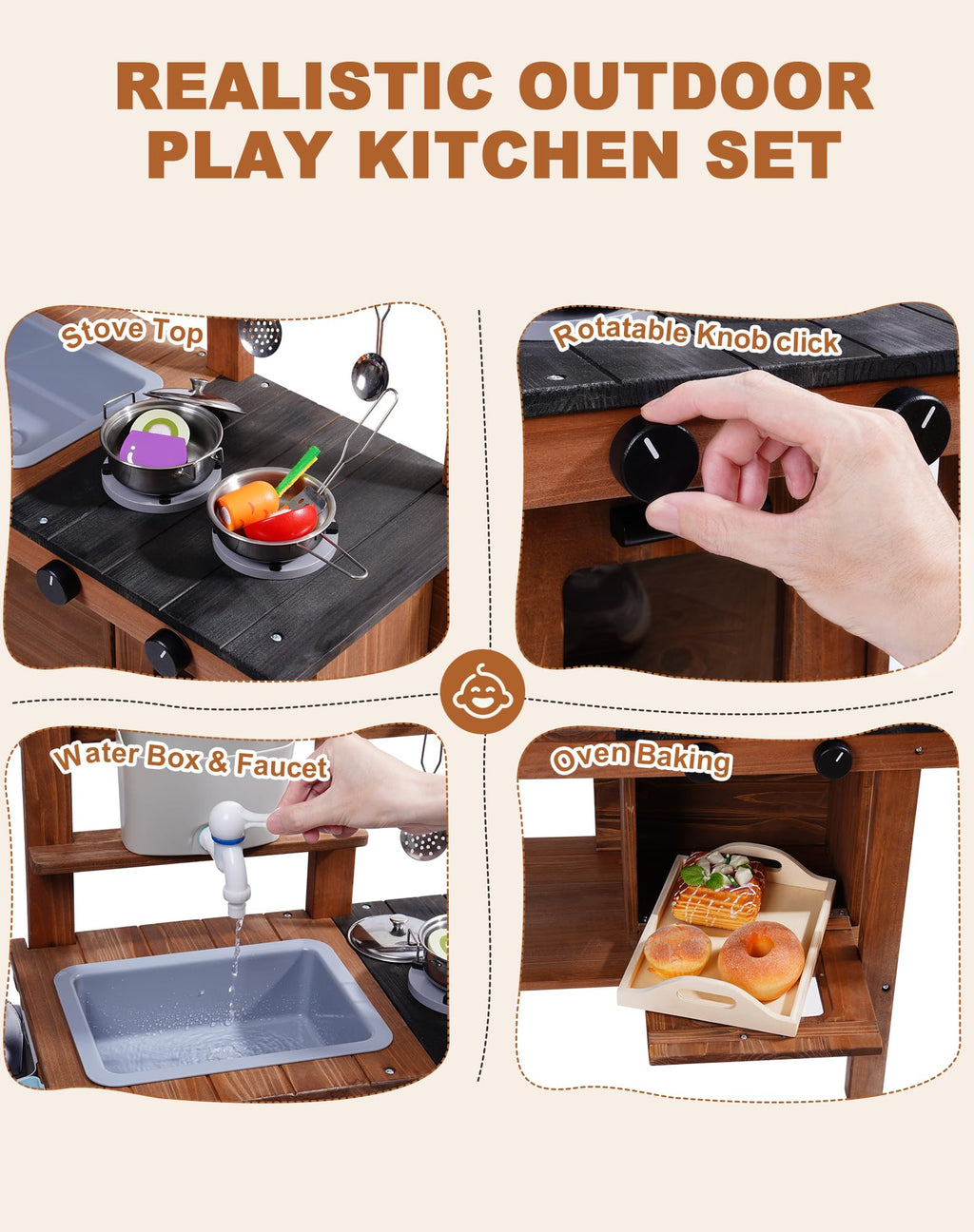 ROBOTIME Mud Kitchen for Kids Outdoor with Wheels, Fun Wooden Kid Kitchen