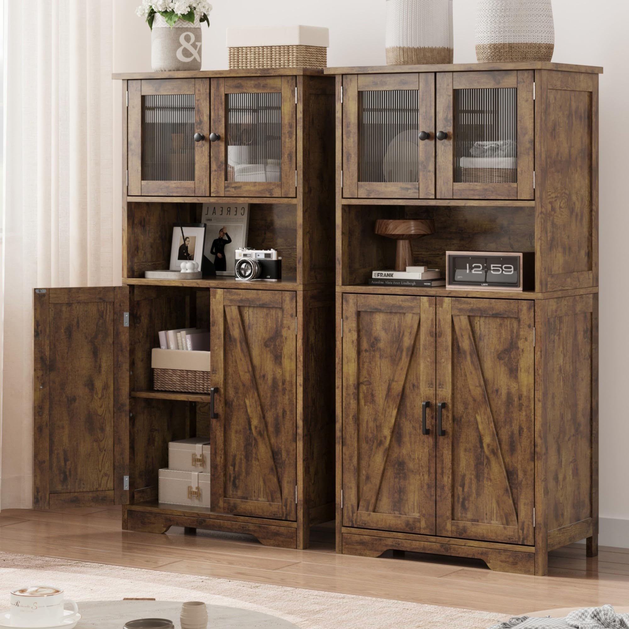 GarveeHome 54 in Tall Bathroom Cabinet, Farmhouse Storage Cabinet with Glass
