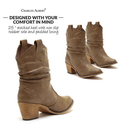 Charles Albert Modern Western Cowboy Boots for Women Ladies Stacked Heel Ankle