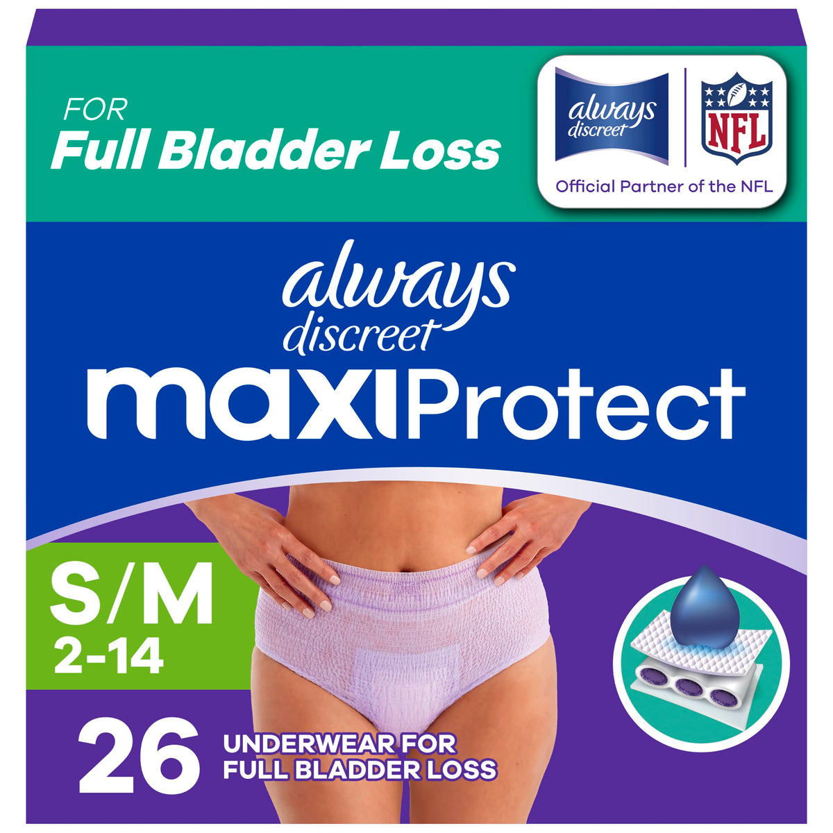 26Ct Always Discreet MaxiProtect Adult Diapers Women S/M Maximum Absorbency