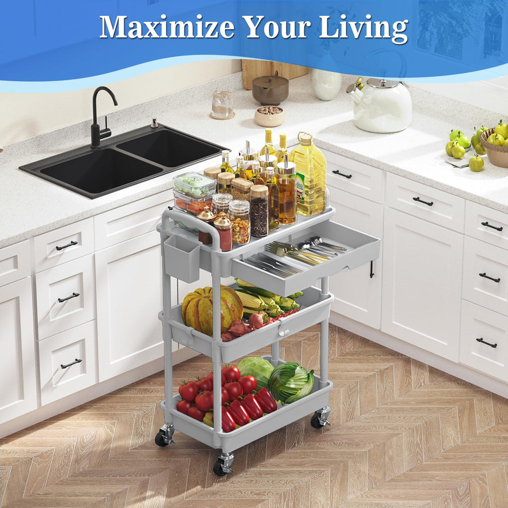 SUNALLY 3 Tier Rolling Cart with Drawer, Bathroom Storage Organizer with 2