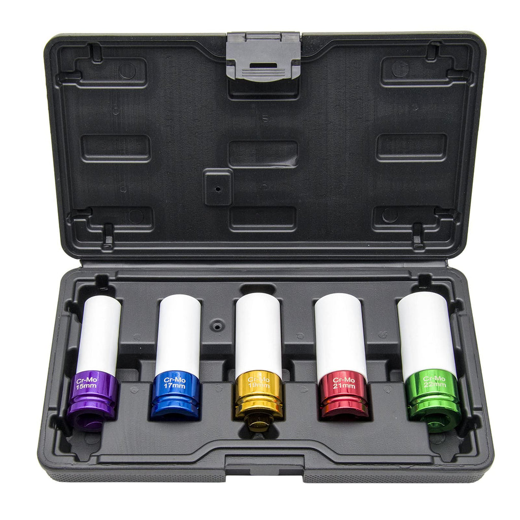SEGELPRO 5 pcs 1/2 Inch Impact Drive Lug Nut Socket Set Non-Marring Protective Wheel Lug Nut Impact Socket Set Color-Coded Extra Thin Wall Wheel Rim Protectors Tool 15 17 19 21 22 mm Sockets