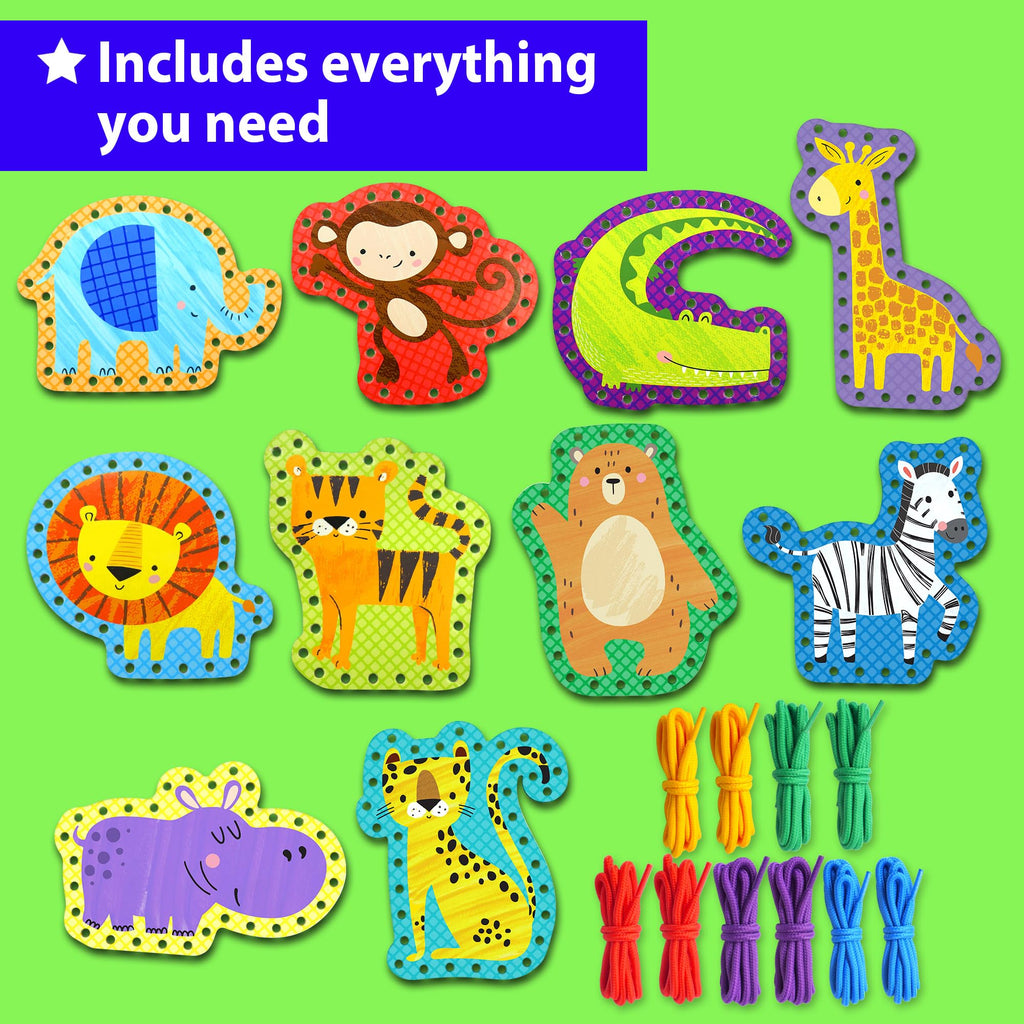 KRAFUN Safari Animal Preschool Arts & Crafts Lacing Kit, 10 Easy Lacing Cards