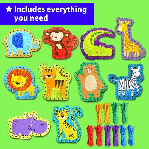 KRAFUN Safari Animal Preschool Arts & Crafts Lacing Kit, 10 Easy Lacing Cards
