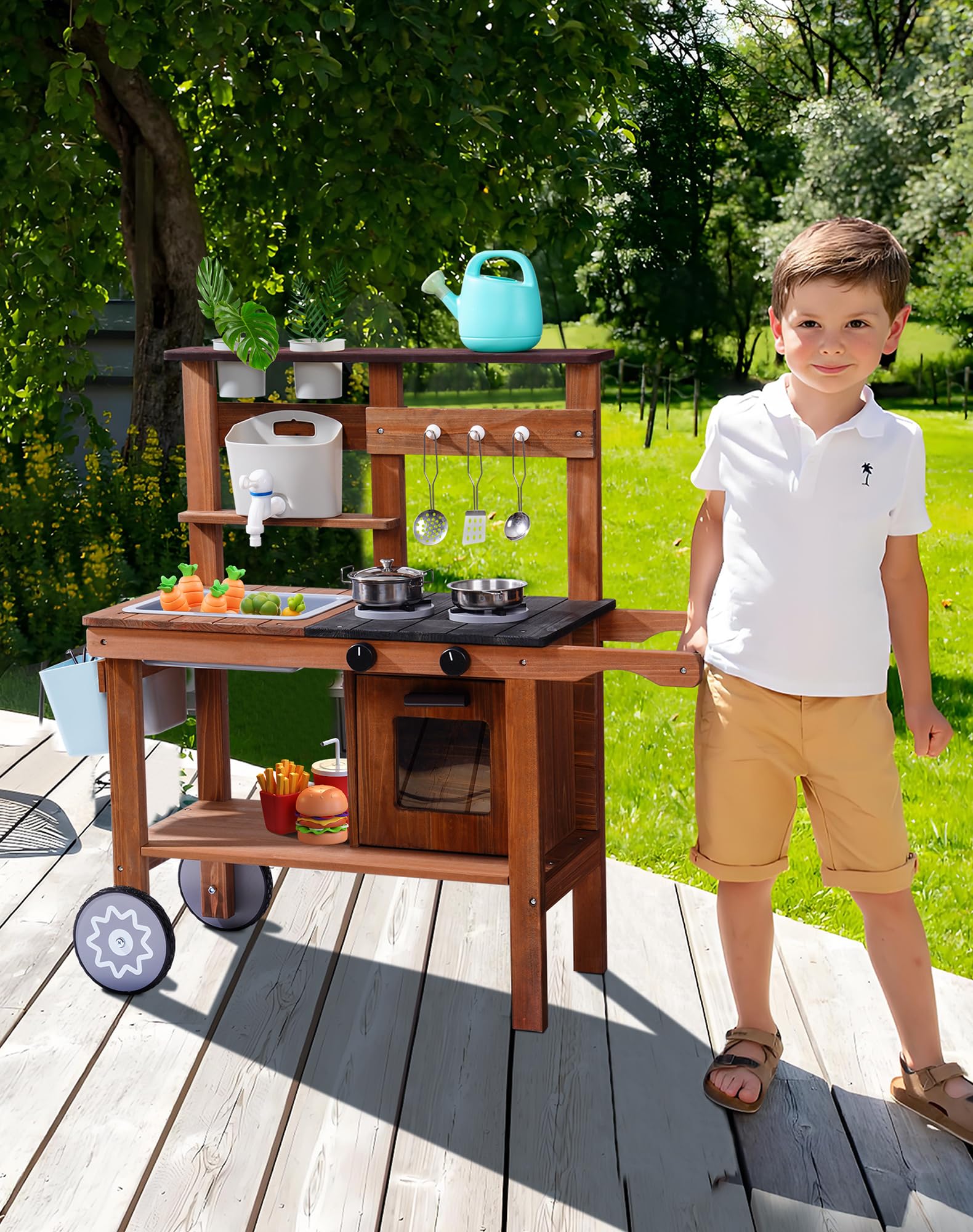 ROBOTIME Mud Kitchen for Kids Outdoor with Wheels, Fun Wooden Kid Kitchen