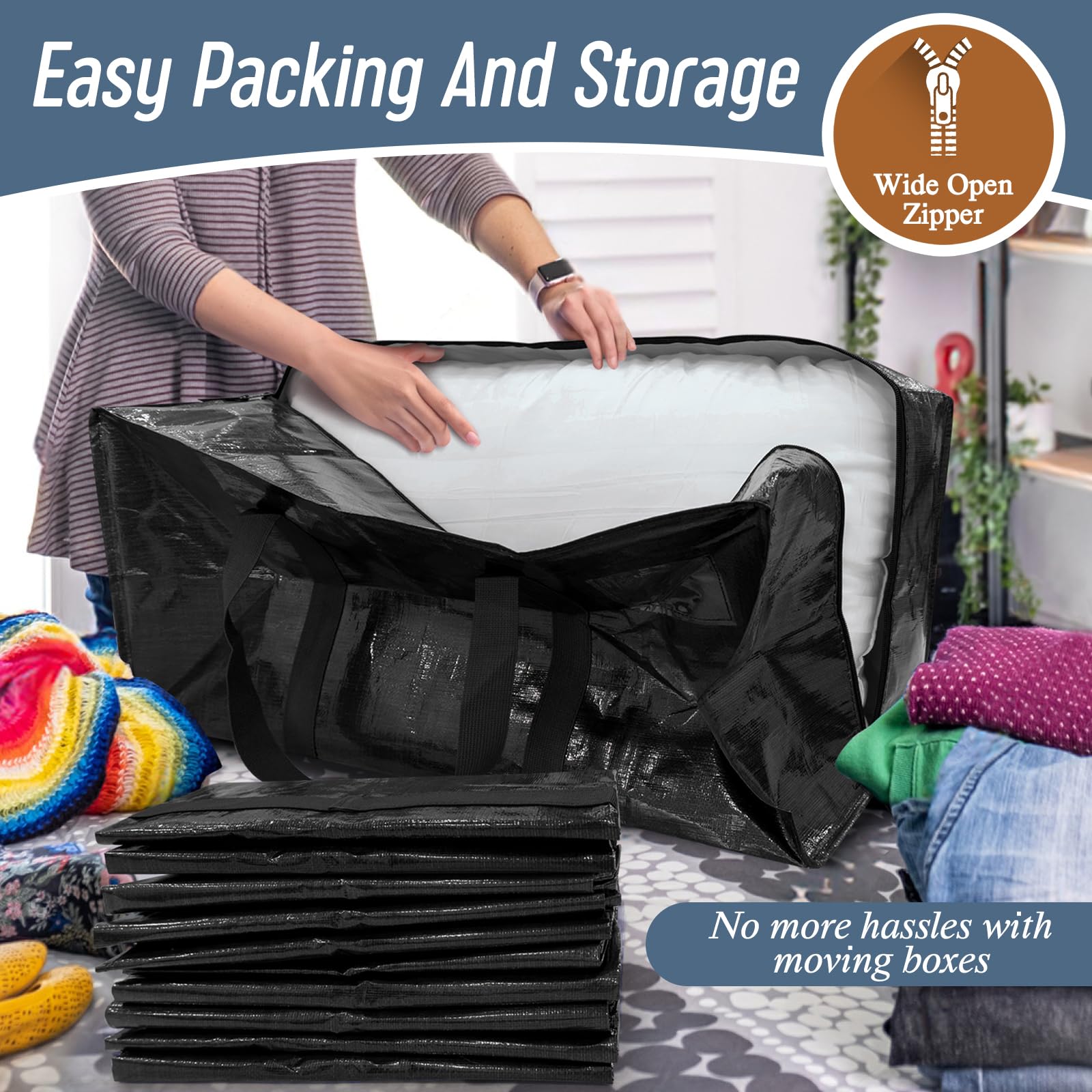 6 Pack Heavy Duty Moving Bags Large Storage Totes with Zipper Handles Black
