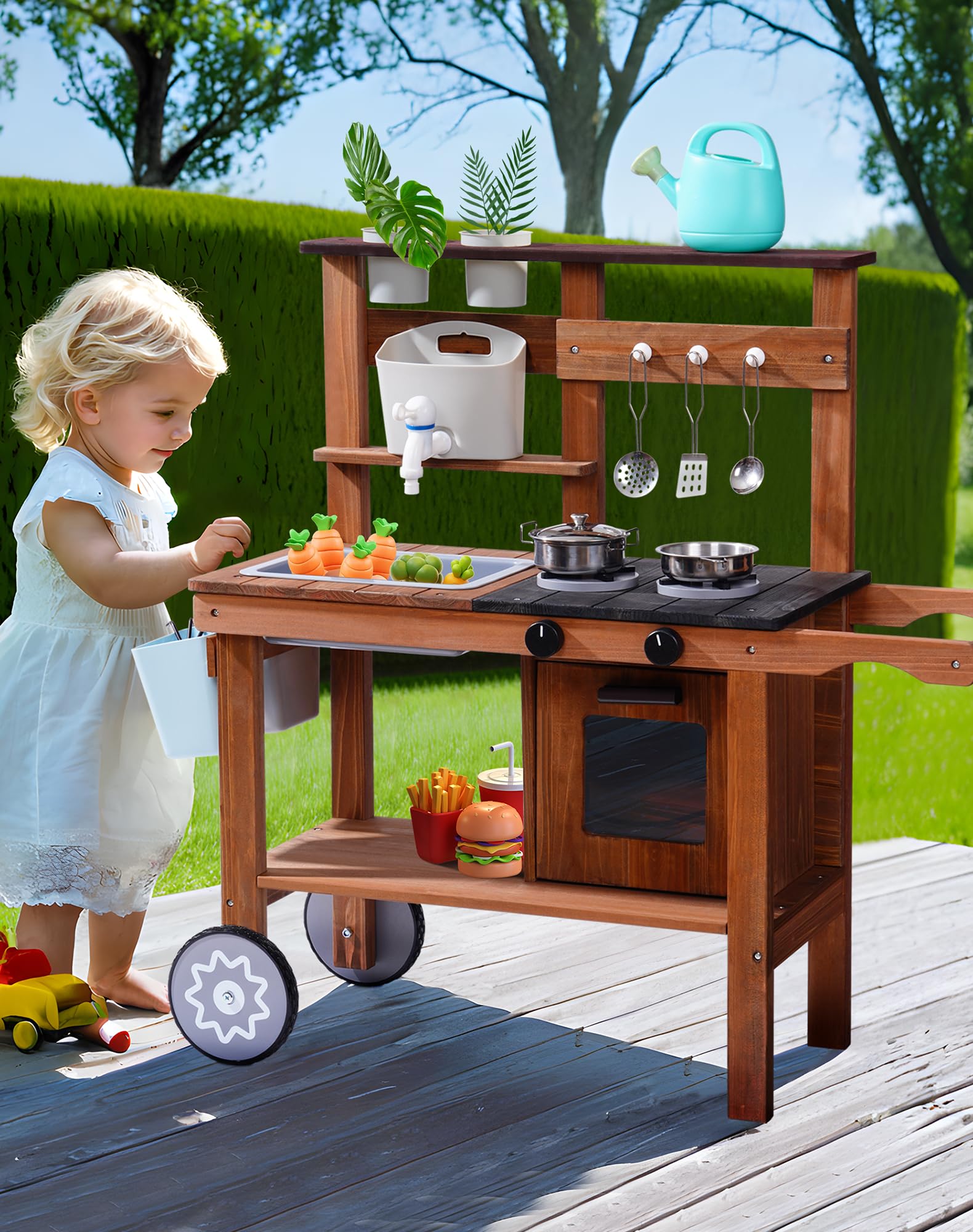 ROBOTIME Mud Kitchen for Kids Outdoor with Wheels, Fun Wooden Kid Kitchen