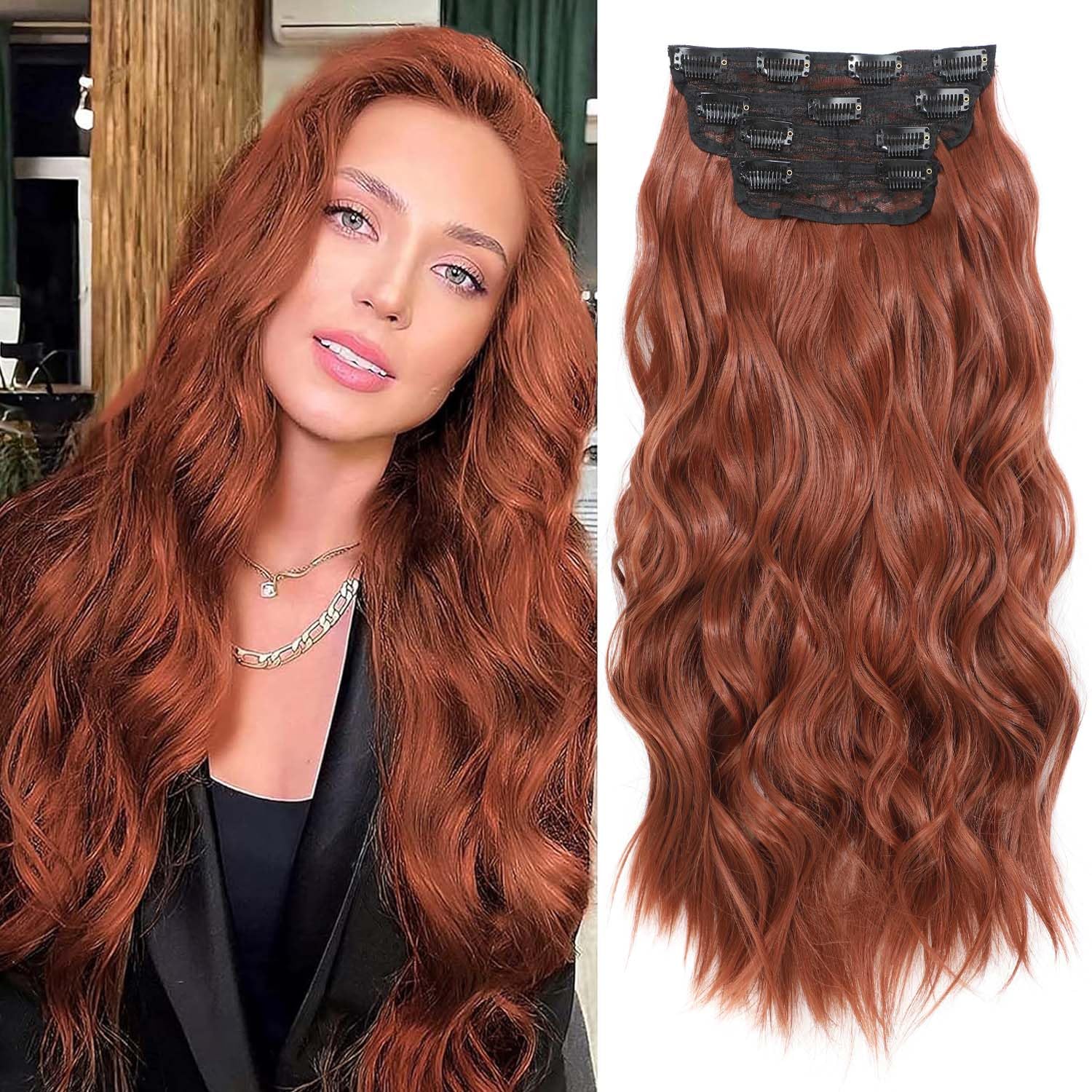 Clip in Hair Extensions 4 PCS 20 Inch Auburn Long Wavy Hair Extensions, Natural