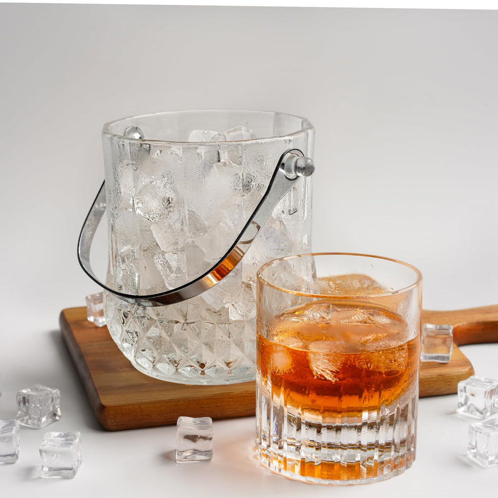 Glass Ice Bucket with Handle & Tongs 37oz Clear Crystal Champagne Cocktail