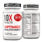 10X Health Optimize Methylated Multivitamin for Men and Women - 90 Capsules, 34 in 1 Formula with 800 mcg of Vitamin B12, 5-MTHF, NAC - Methyl B Complex