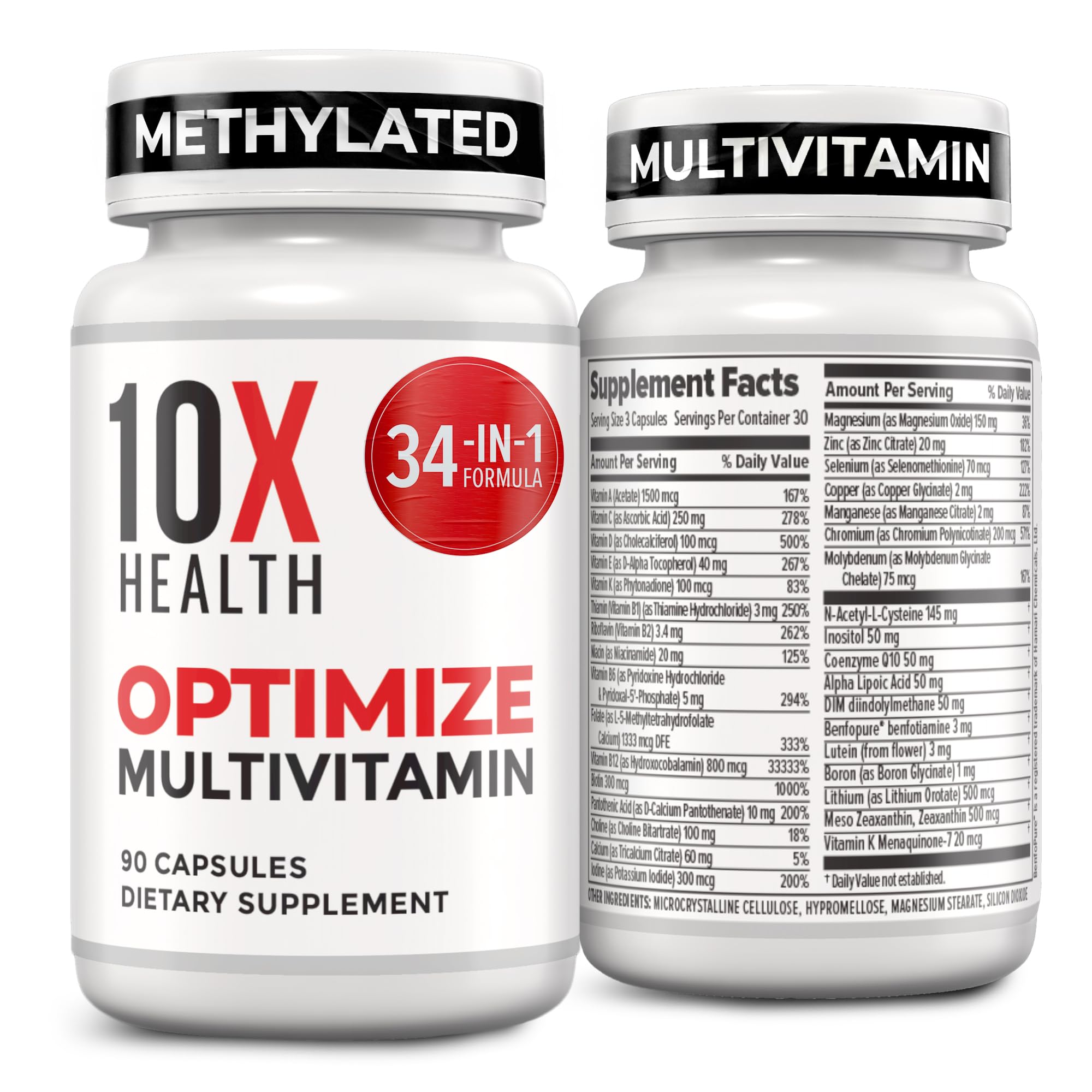 10X Health Optimize Methylated Multivitamin for Men and Women - 90 Capsules, 34 in 1 Formula with 800 mcg of Vitamin B12, 5-MTHF, NAC - Methyl B Complex