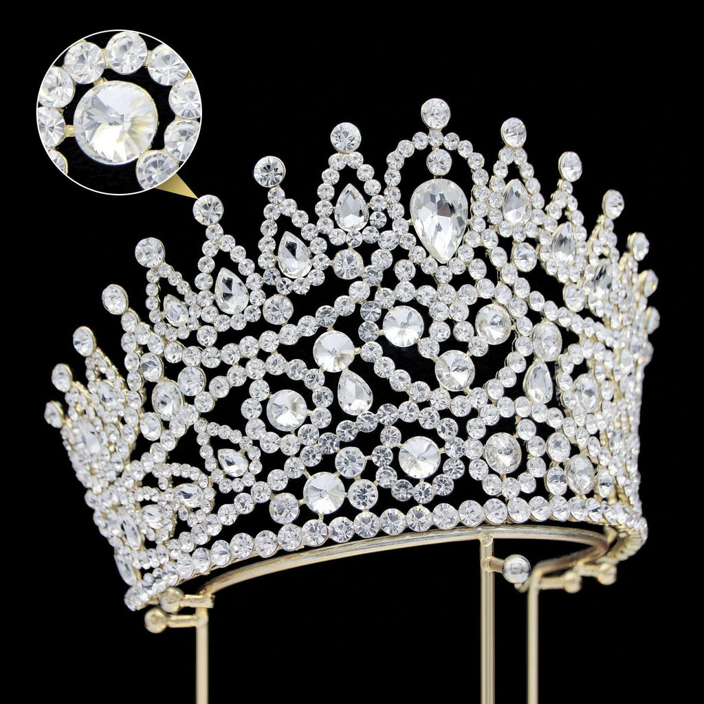 Large 5" Golden Rhinestone Crown Women Sparkly Quinceanera Pageant Tiara