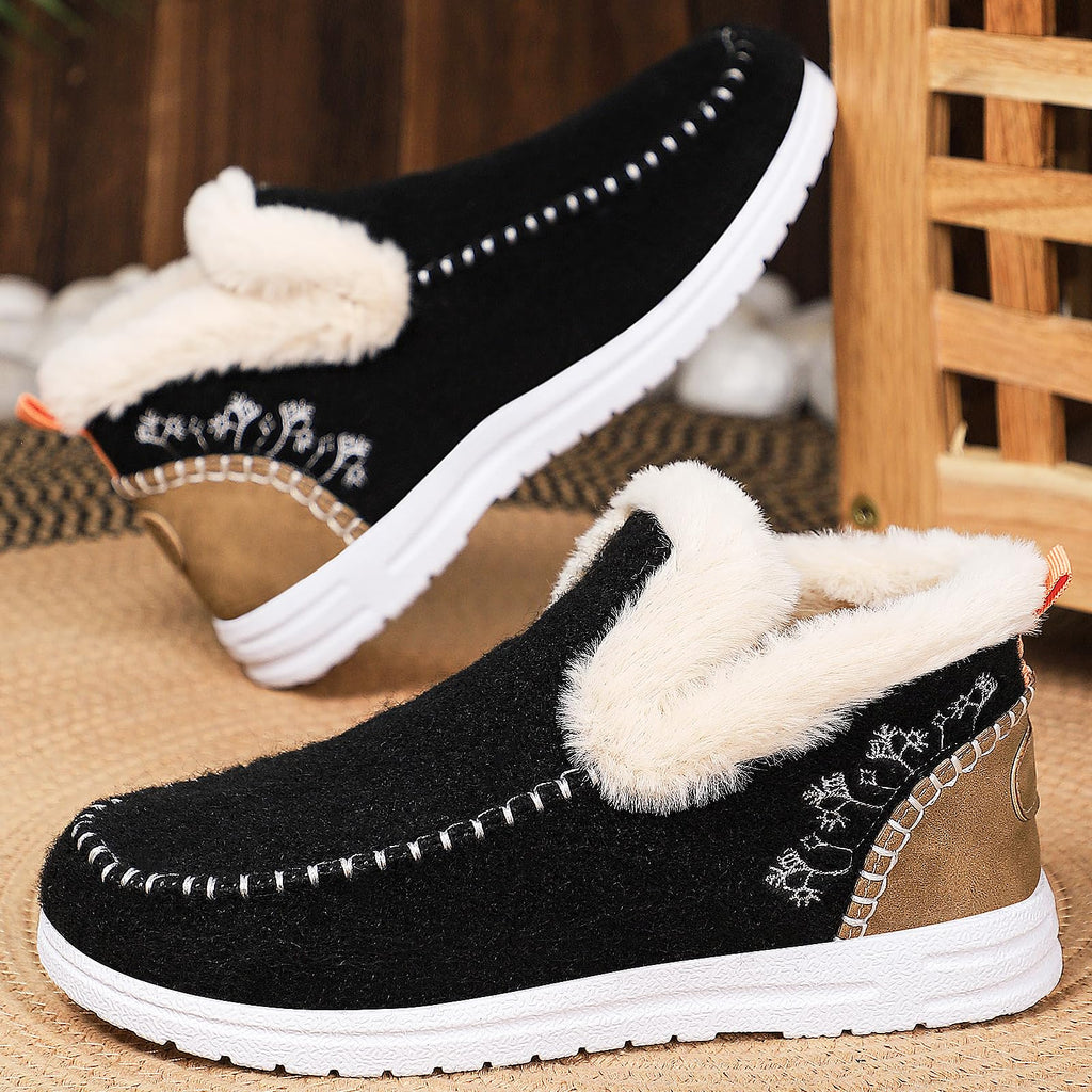 EGGDK Women's Winter Warm Slippers Comfortable Fur Lining Slip-On House Shoes Indoor Outdoor Anti-Slip Winter Booties (Black,7)
