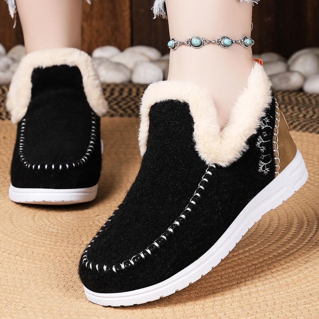 EGGDK Women's Winter Warm Slippers Comfortable Fur Lining Slip-On House Shoes Indoor Outdoor Anti-Slip Winter Booties (Black,7)